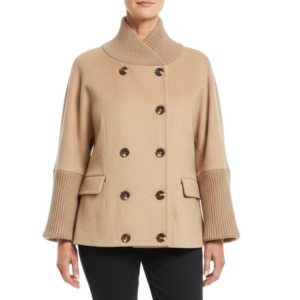Whim Tan Preppy Cashmere Wool Double-Breasted Ribbed Collar Jacket Womens M
